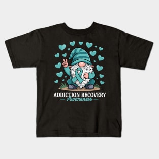 Month Teal Ribbon Gnome Addiction Recovery Awareness Kids T-Shirt